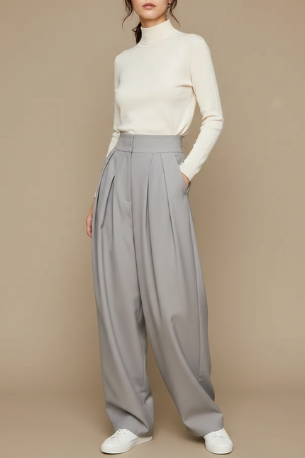 Pantalon Fluide Gris Ample Plissé Taille Haute - Polyester