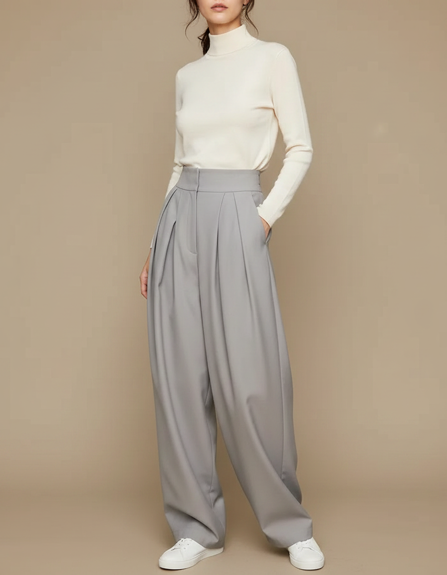 Pantalon Fluide Gris Ample Plissé Taille Haute - Polyester