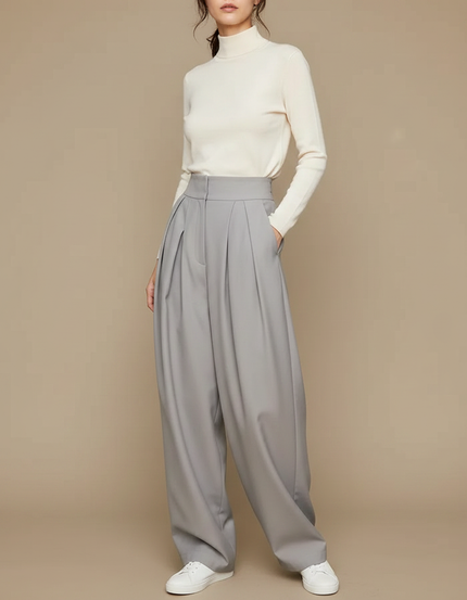 Pantalon Fluide Gris Ample Plissé Taille Haute - Polyester