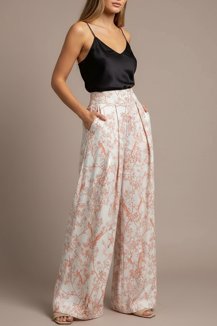 Pantalon Fluide Imprimé Floral Ample Taille Haute - Viscose