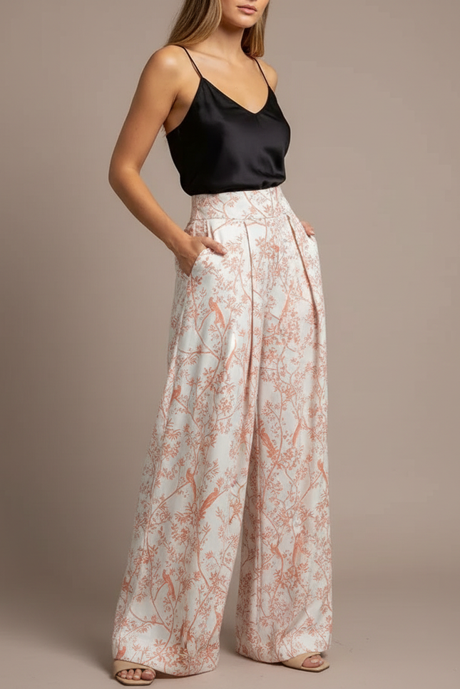 Pantalon Fluide Imprimé Floral Ample Taille Haute - Viscose