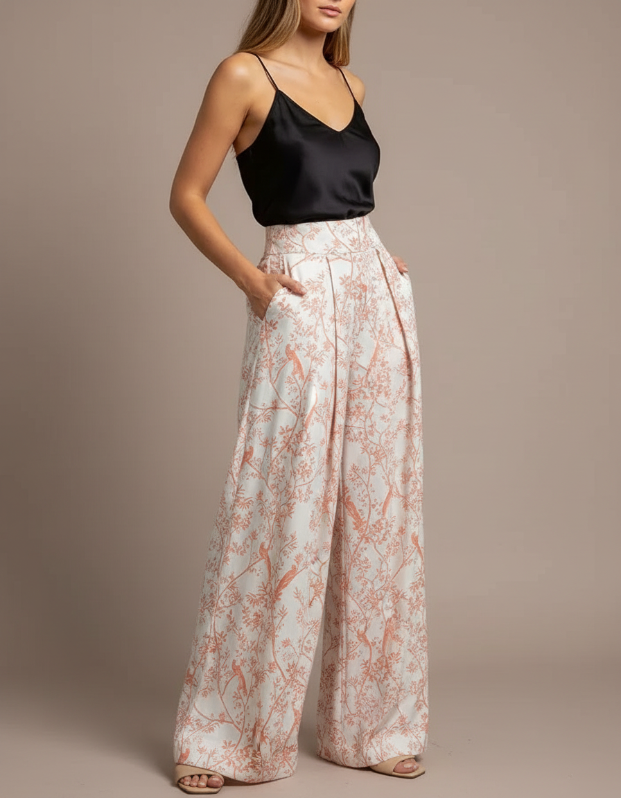 Pantalon Fluide Imprimé Floral Ample Taille Haute - Viscose