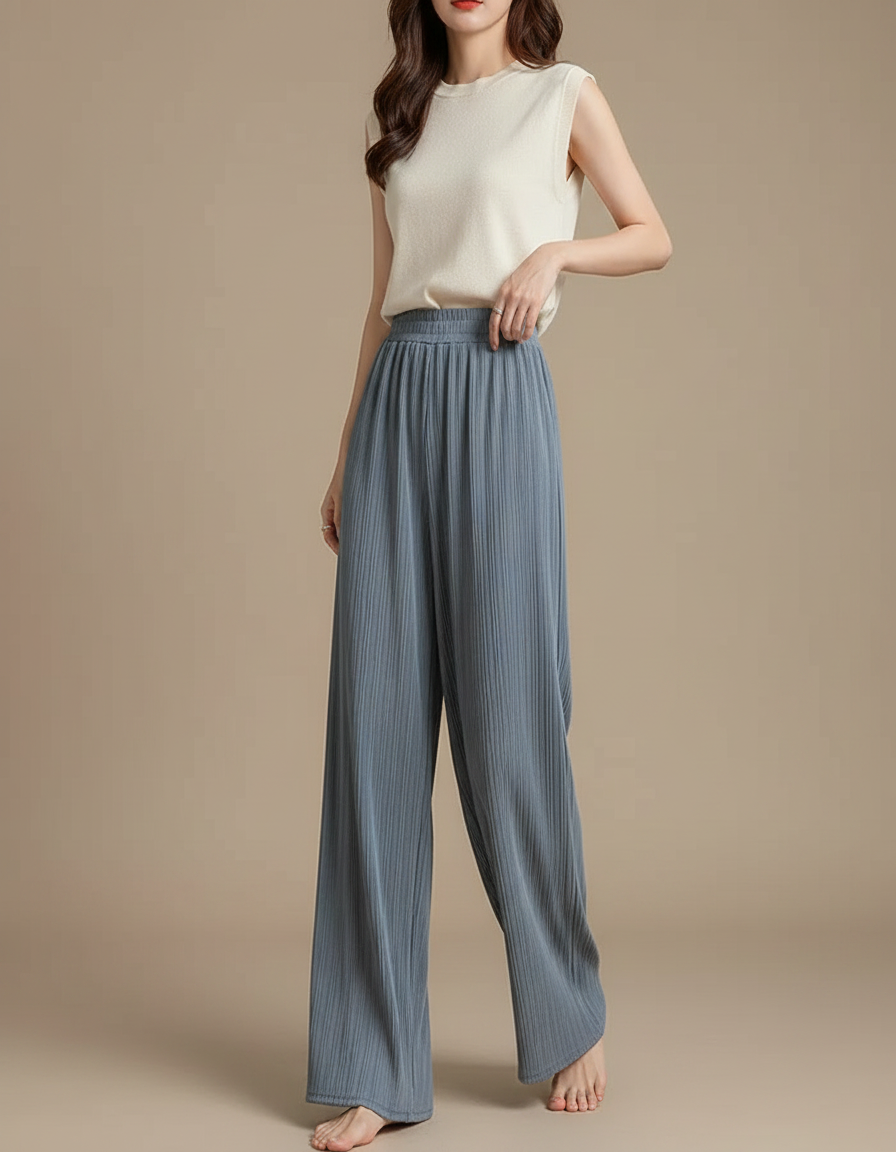 Pantalon Fluide Soie Femme - Bleu
