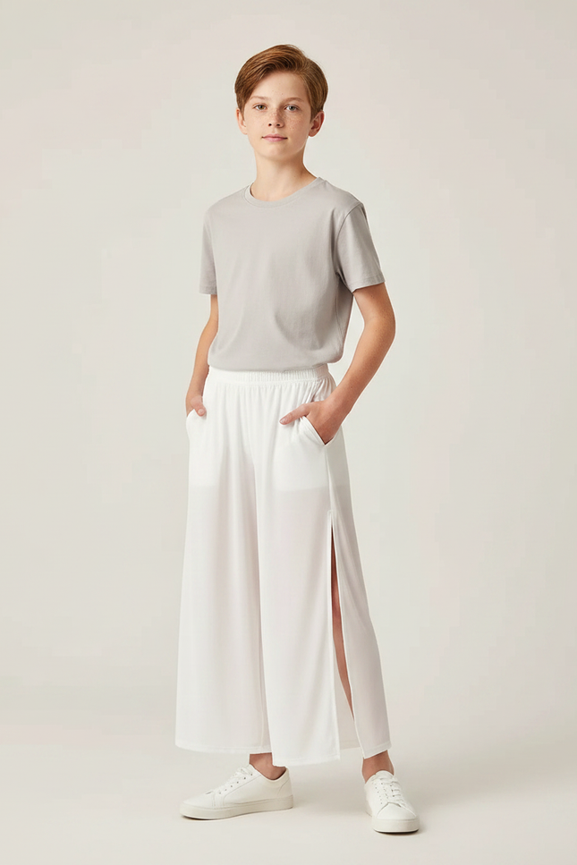 Pantalon Fluide Blanc Ample Fendu Léger - Polyester