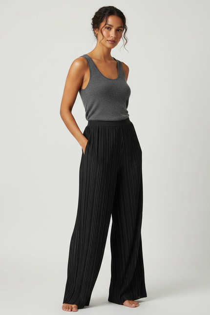 Pantalon Fluide Noir Plissé Ample Élégant Femme - Polyester