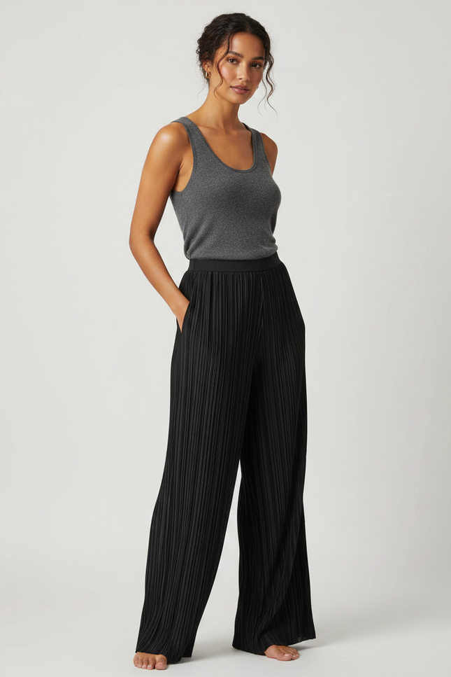 Pantalon Fluide Noir Plissé Ample Élégant Femme - Polyester