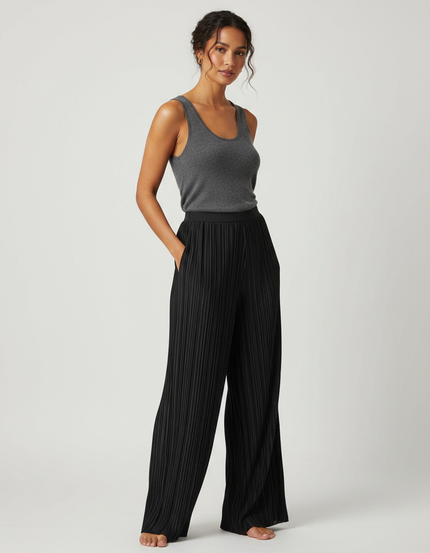 Pantalon Fluide Noir Plissé Ample Élégant Femme - Polyester
