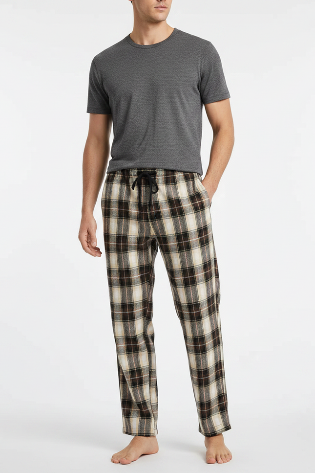 Pantalon Fluide Carreaux Marron Noir Ample Décontracté Homme - Multicolore Molleton