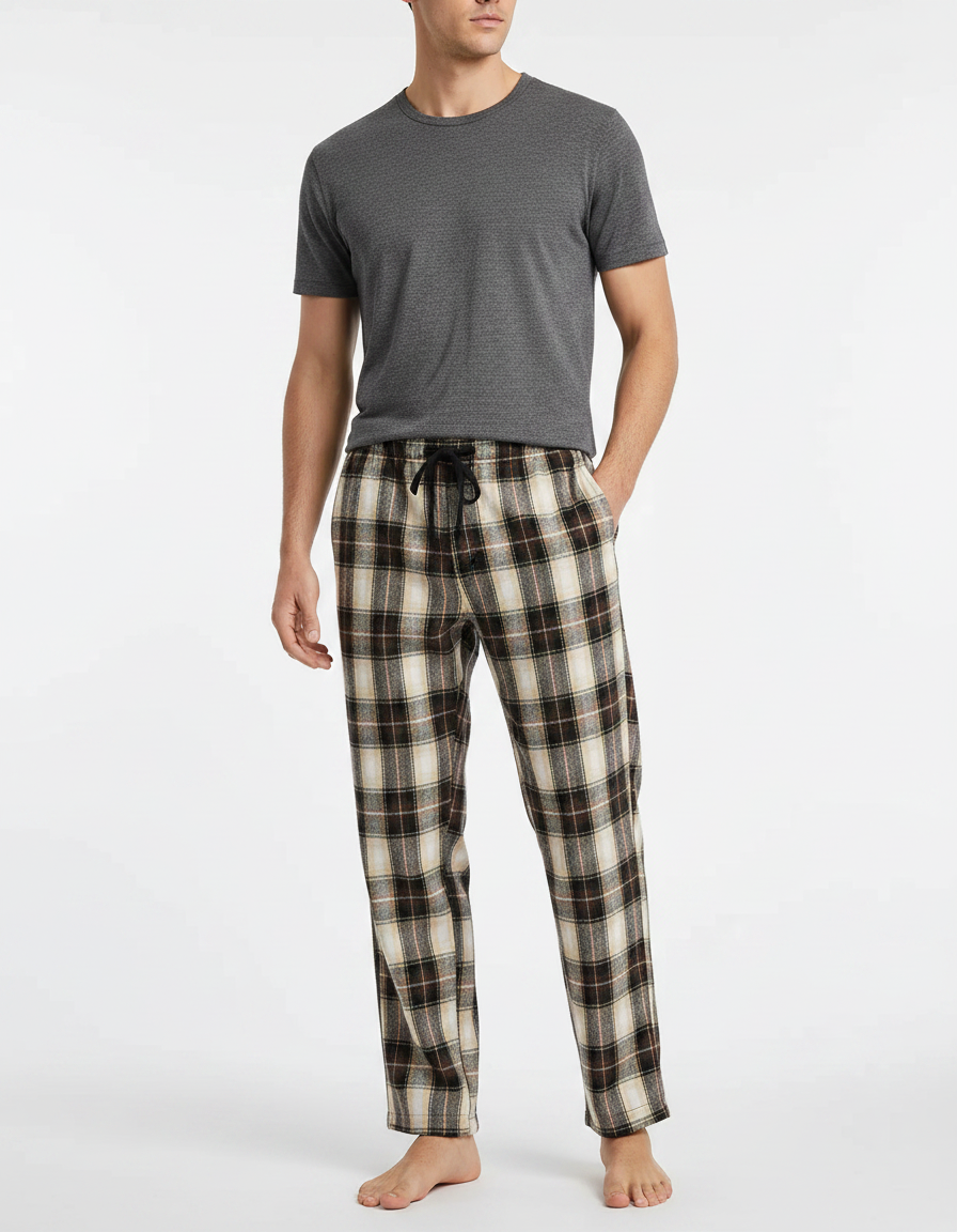 Pantalon Fluide Carreaux Marron Noir Ample Décontracté Homme - Multicolore Molleton