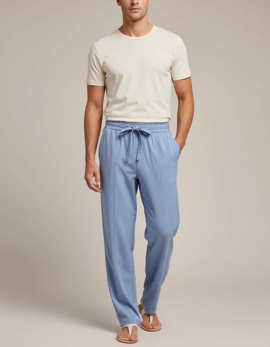 Pantalon Fluide Bleu Ciel Droit Cordon Homme - Viscose