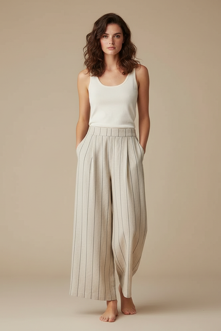 Pantalon Fluide Beige Rayé Ample Lin Décontracté Femme