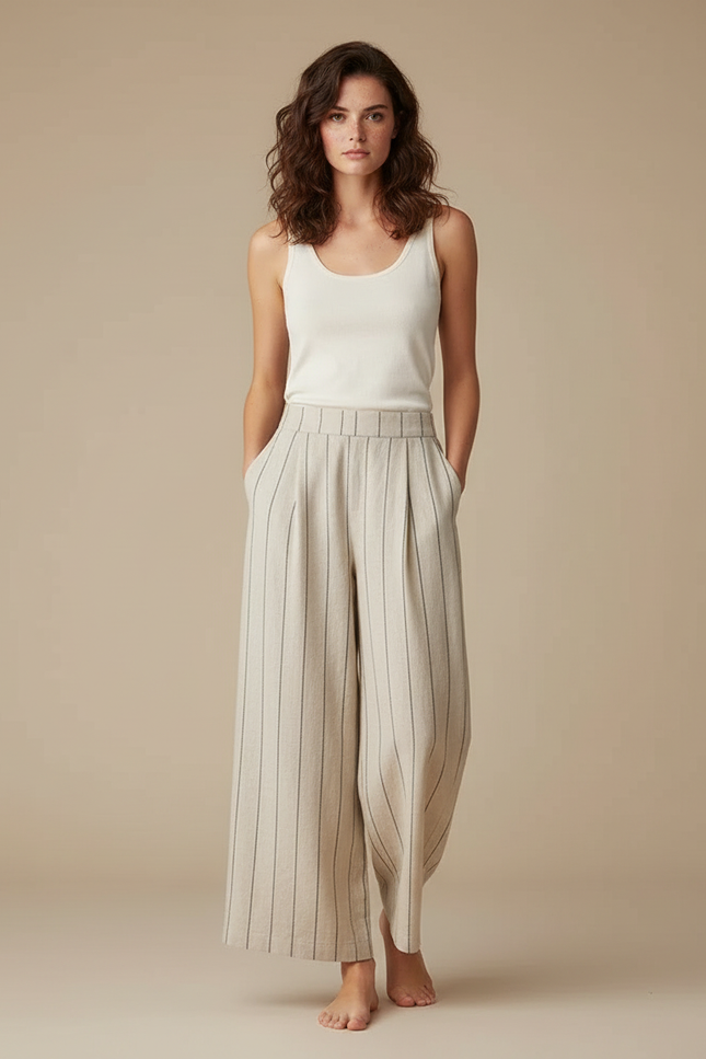 Pantalon Fluide Beige Rayé Ample Lin Décontracté Femme