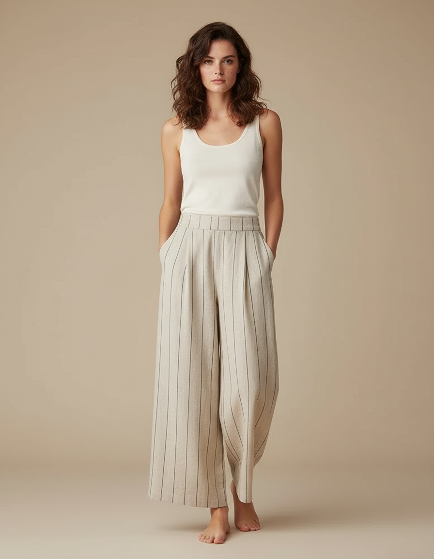 Pantalon Fluide Beige Rayé Ample Lin Décontracté Femme