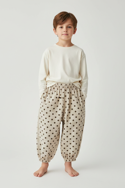 Pantalon Fluide Côtelé Beige Pois Ample Enfant - Cordé