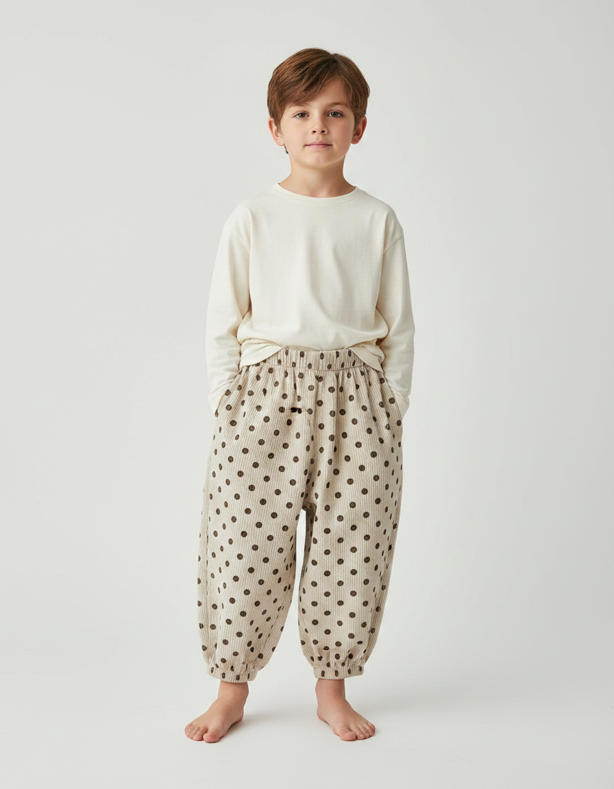 Pantalon Fluide Côtelé Beige Pois Ample Enfant - Cordé