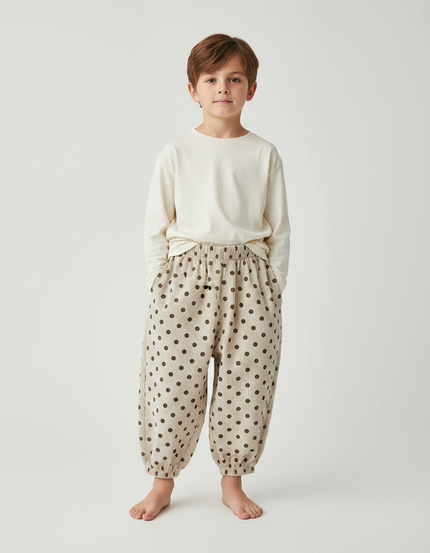 Pantalon Fluide Côtelé Beige Pois Ample Enfant - Cordé