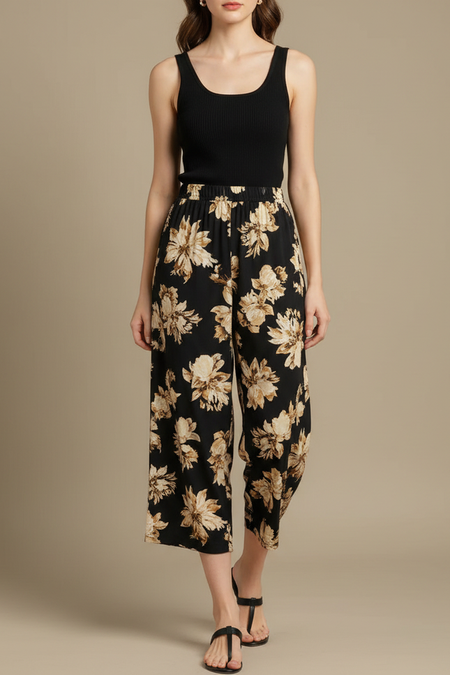 Pantalon Fluide Noir Fleuri Ample Décontracté Court - Imprimé Viscose