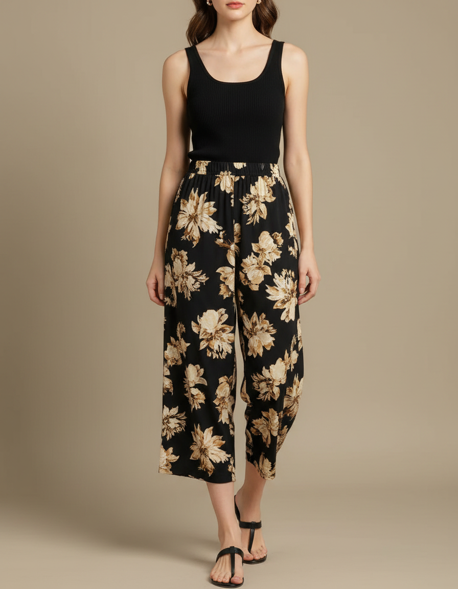 Pantalon Fluide Noir Fleuri Ample Décontracté Court - Imprimé Viscose