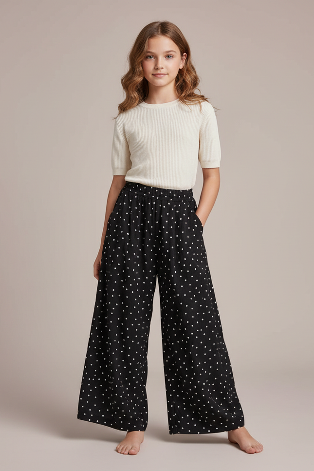 Pantalon Fluide Noir Ample Pois Enfants Décontracté - Viscose