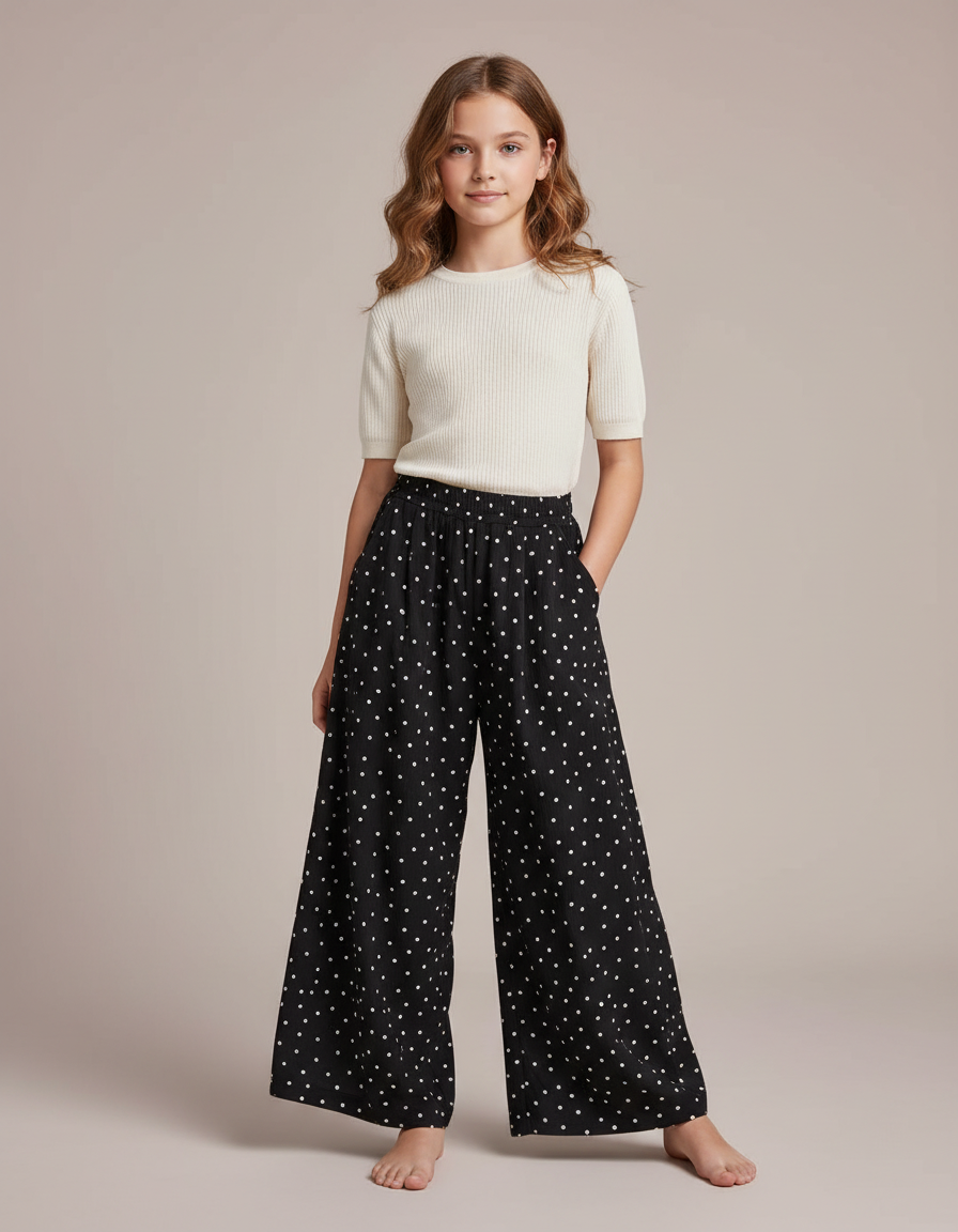 Pantalon Fluide Noir Ample Pois Enfants Décontracté - Viscose