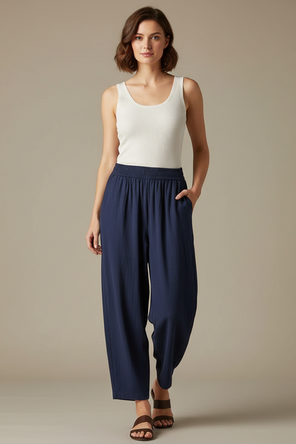 Pantalon Fluide Bleu Marine Ample Décontracté Lin Coton
