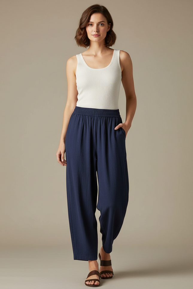 Pantalon Fluide Bleu Marine Ample Décontracté Lin Coton