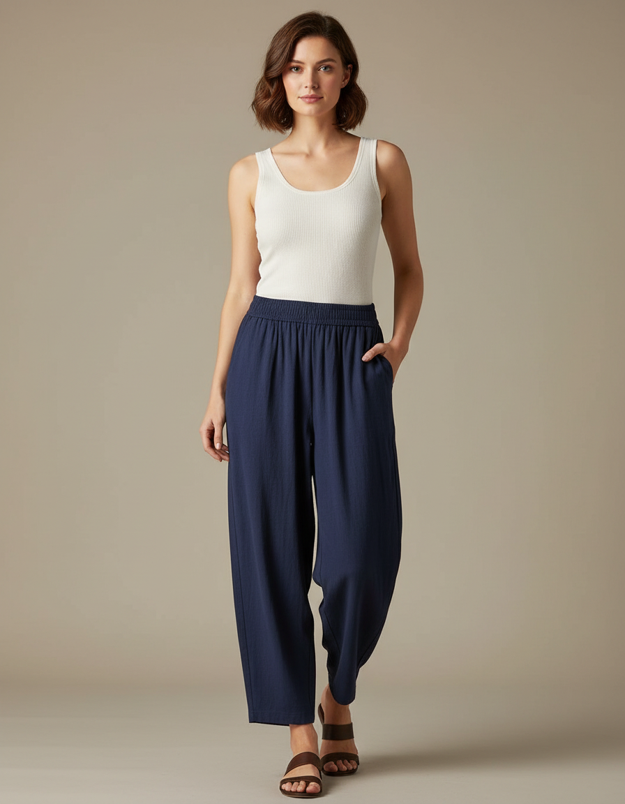 Pantalon Fluide Bleu Marine Ample Décontracté Lin Coton