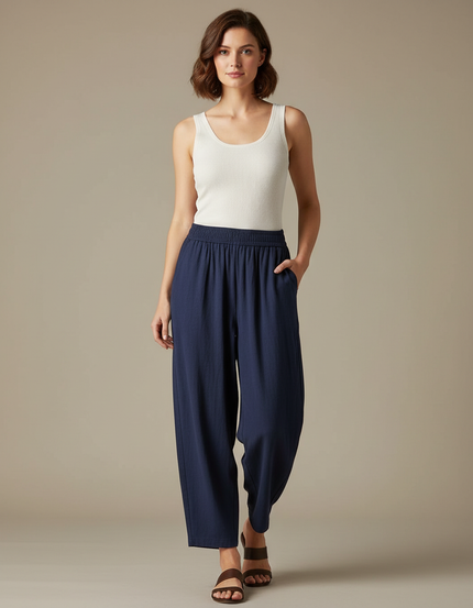 Pantalon Fluide Bleu Marine Ample Décontracté Lin Coton