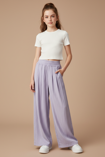 Pantalon Fluide Lavande Ample Plissé Décontracté Enfant - Violet Lin