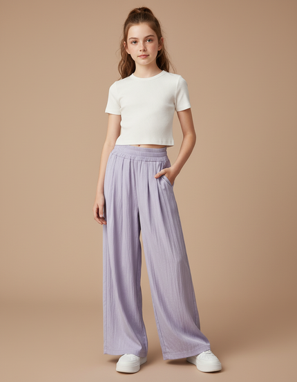 Pantalon Fluide Lavande Ample Plissé Décontracté Enfant - Violet Lin