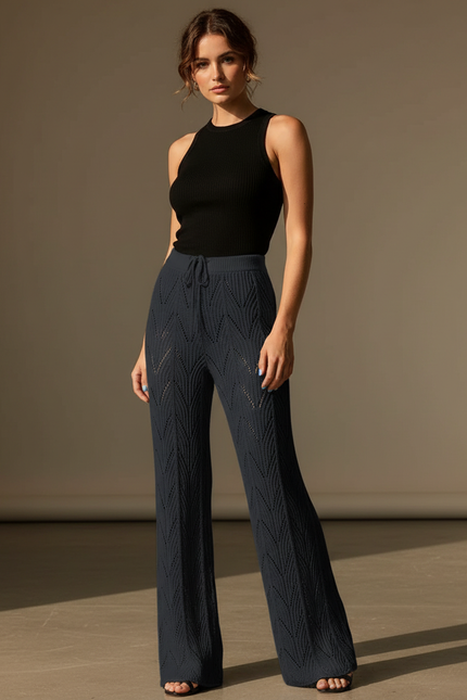 Pantalon Fluide Noir Tricoté Évasé Creux Élégant - Marine Maille