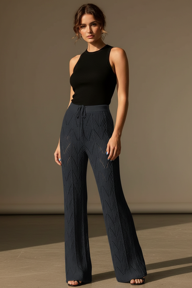 Pantalon Fluide Noir Tricoté Évasé Creux Élégant - Marine Maille