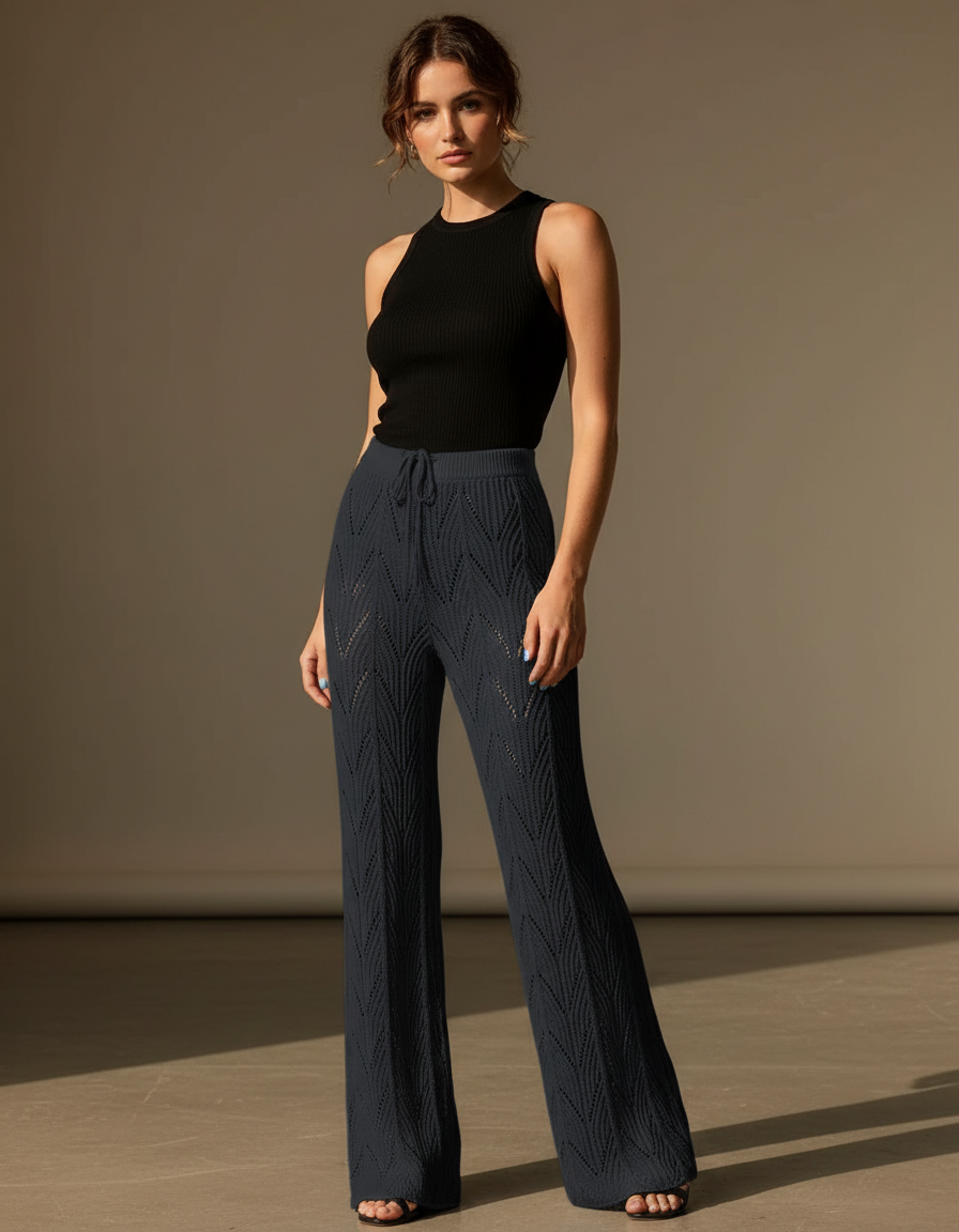 Pantalon Fluide Noir Tricoté Évasé Creux Élégant - Marine Maille