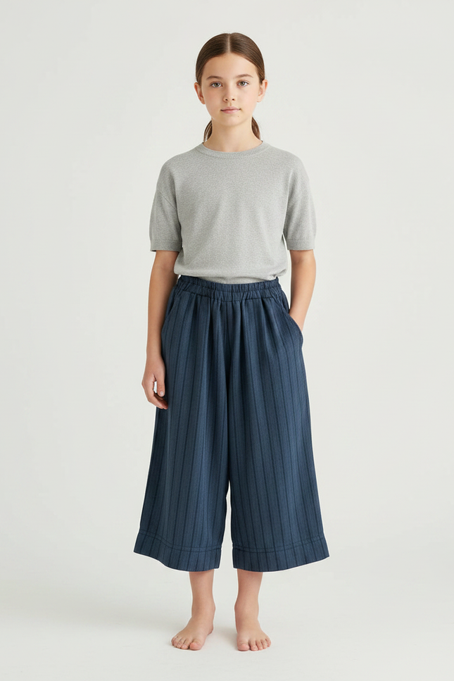 Pantalon Fluide Bleu Marine Rayé Ample Coton Enfant