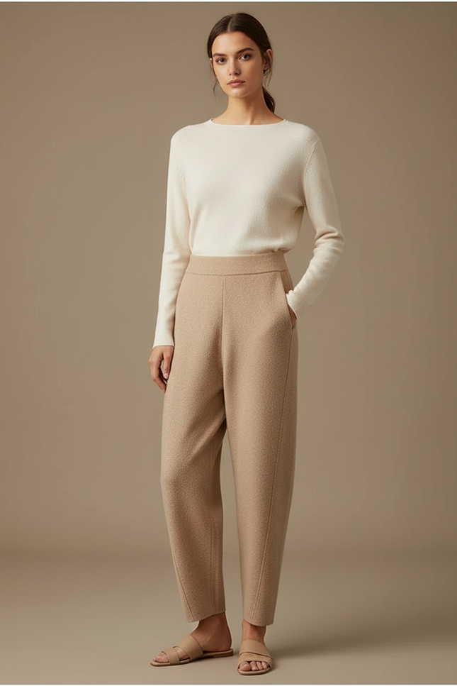 Pantalon Fluide Beige Maille Ample Décontracté Femme