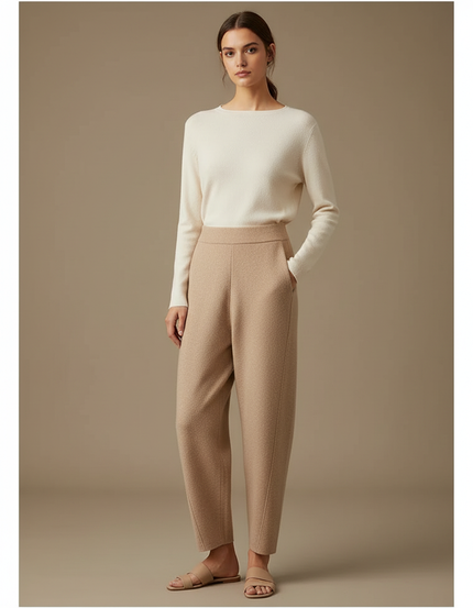 Pantalon Fluide Beige Maille Ample Décontracté Femme
