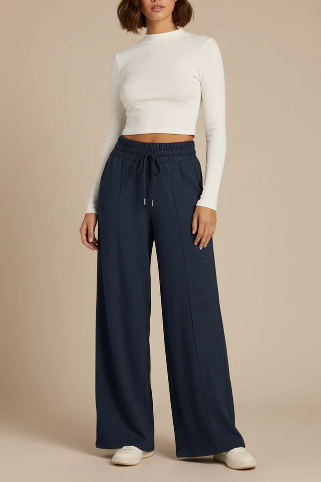 Pantalon Fluide Bleu Marine Large Cordon Décontracté - Molleton