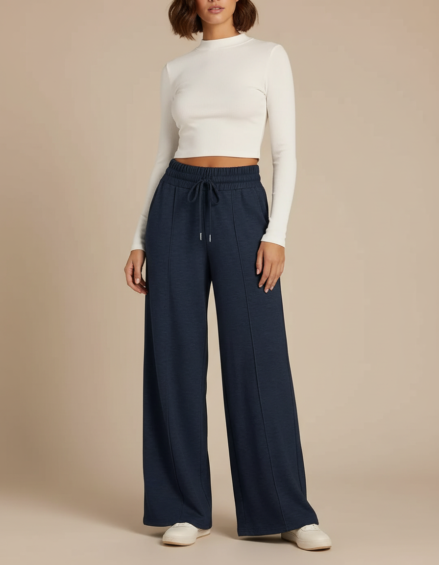 Pantalon Fluide Bleu Marine Large Cordon Décontracté - Molleton