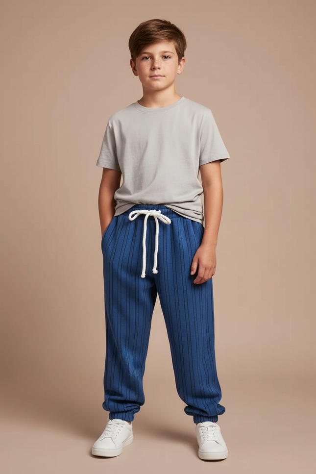 Pantalon Fluide Bleu Rayé Côtelé Décontracté Enfant - Cordé
