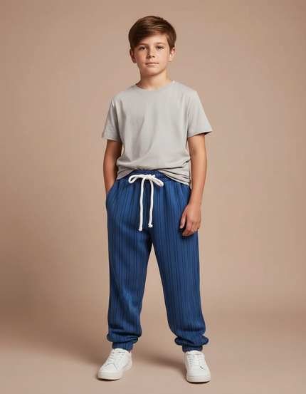 Pantalon Fluide Bleu Rayé Côtelé Décontracté Enfant - Cordé