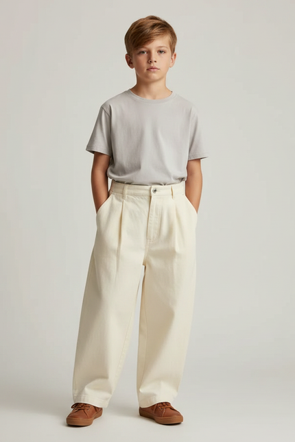 Pantalon Fluide Écru Ample Coton Plissé Enfant - Beige