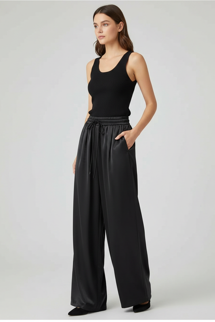 Pantalon Fluide Noir Ample Satiné Décontracté Femme