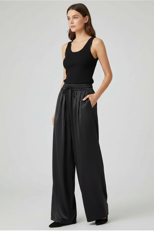 Pantalon Fluide Noir Ample Satiné Décontracté Femme