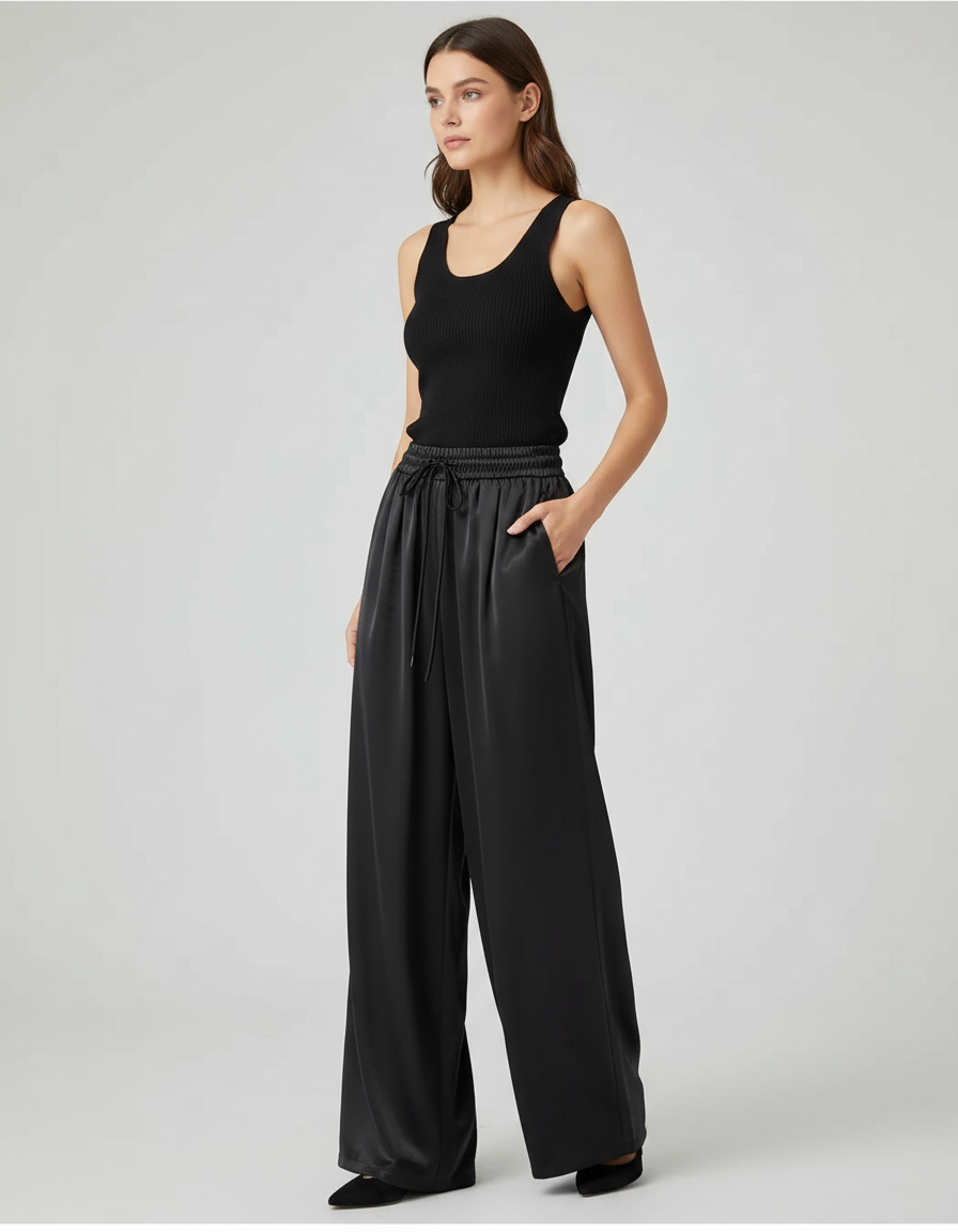 Pantalon Fluide Noir Ample Satiné Décontracté Femme