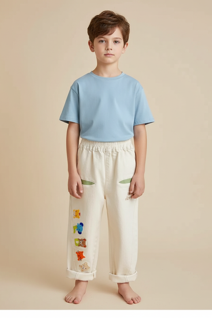 Pantalon Fluide Écru Brodé Animaux Ample Coton Garçon - Beige