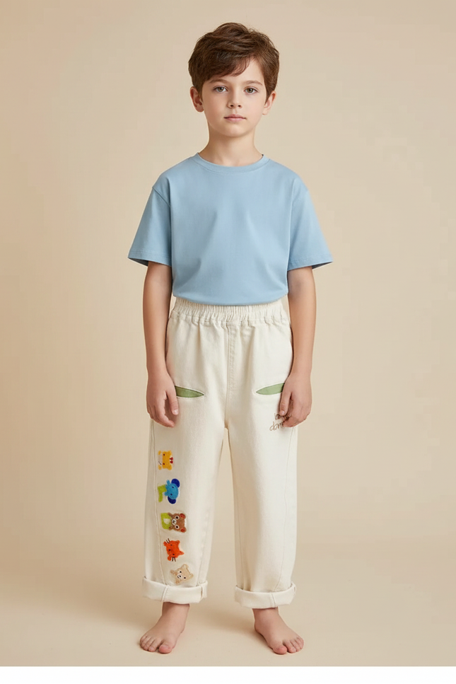Pantalon Fluide Écru Brodé Animaux Ample Coton Garçon - Beige