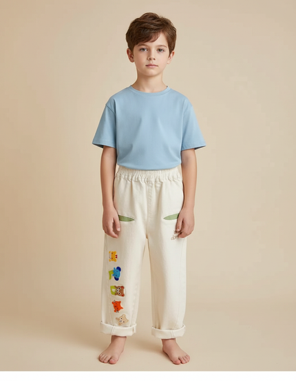 Pantalon Fluide Écru Brodé Animaux Ample Coton Garçon - Beige