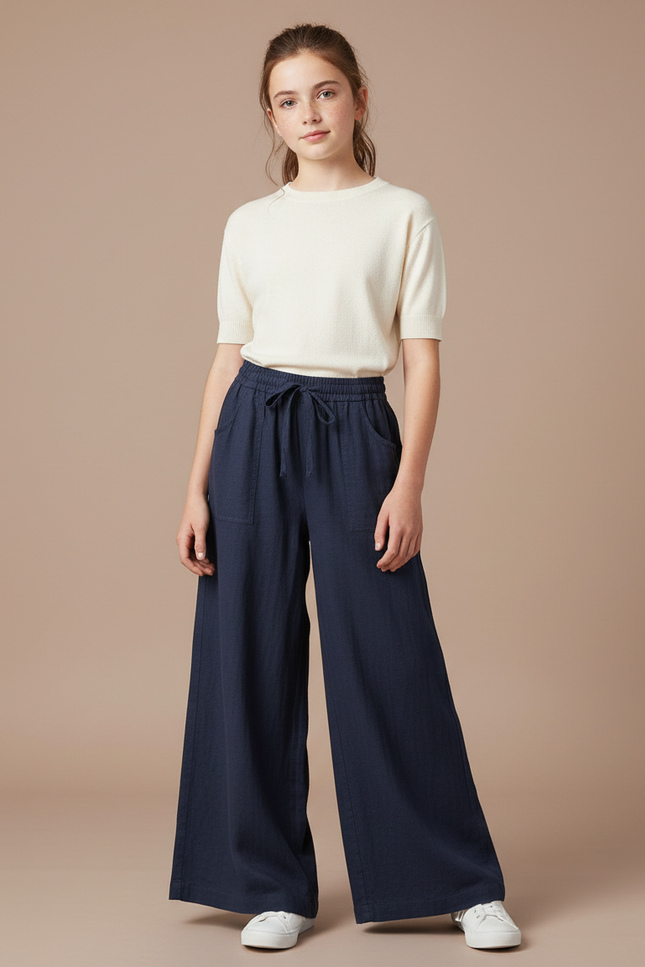 Pantalon Fluide Bleu Marine Ample Coton Lin