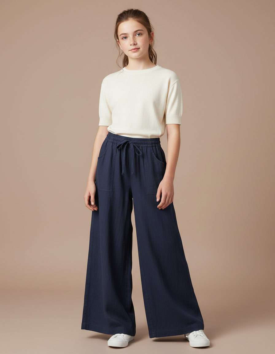 Pantalon Fluide Bleu Marine Ample Coton Lin