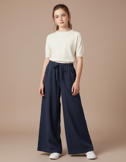 Pantalon Fluide Bleu Marine Ample Coton Lin